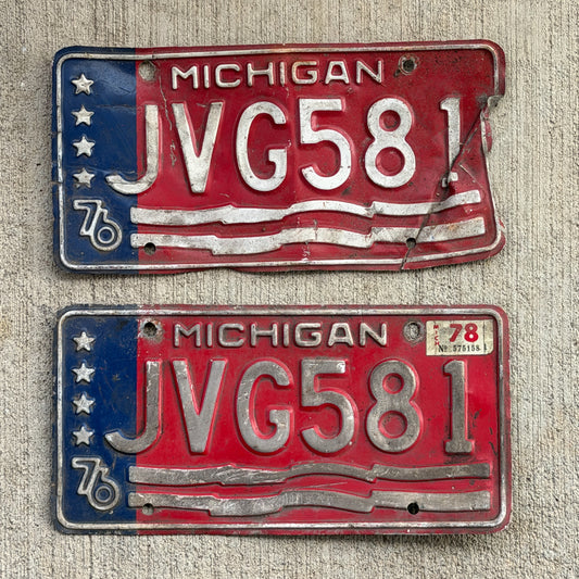 Photo of a 1976 1978 Michigan License Plate Pair Auto Tag Garage Decor Vintage Bicentennial JVG 581 with original patina