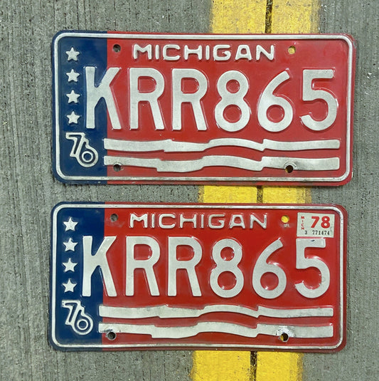 Photo of a 1976 1978 Michigan License Plate Pair Auto Tag Garage Decor Vintage Bicentennial KRR 865 with original patina