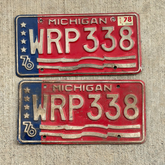 Photo of a 1976 1978 Michigan License Plate Pair Auto Tag Garage Decor Vintage Bicentennial WRP 338 with original patina