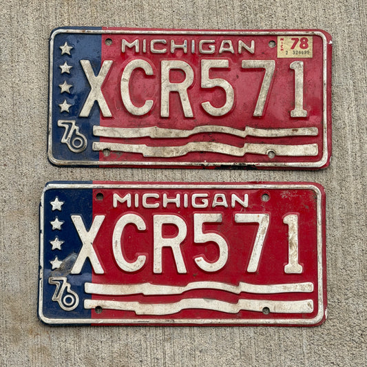 Photo of a 1976 1978 Michigan License Plate Pair Auto Tag Garage Decor Vintage Bicentennial XCR 571 with original patina
