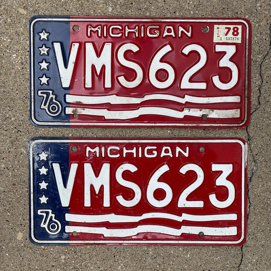 Photo of a 1976 1978 Michigan License Plate Pair Auto Tag Garage Decor Vintage VMS 623