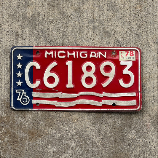 Photo of a 1976 1978 Michigan Trailer License Plate Auto Tag Garage Decor Vintage American Flag Bicentennial C 61893 with original patina