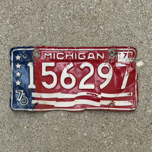 Photo of a 1976 1978 Michigan Trailer License Plate Auto Tag Garage Decor Vintage Bicentennial 156 297 with original patina