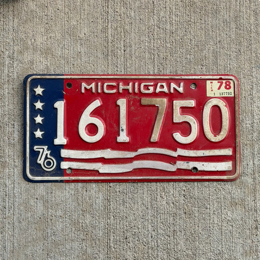 Photo of a 1976 1978 Michigan Trailer License Plate Auto Tag Garage Decor Vintage Bicentennial 161 750 with original patina