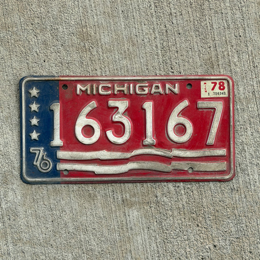 Photo of a 1976 1978 Michigan Trailer License Plate Auto Tag Garage Decor Vintage Bicentennial 163 167 with original patina