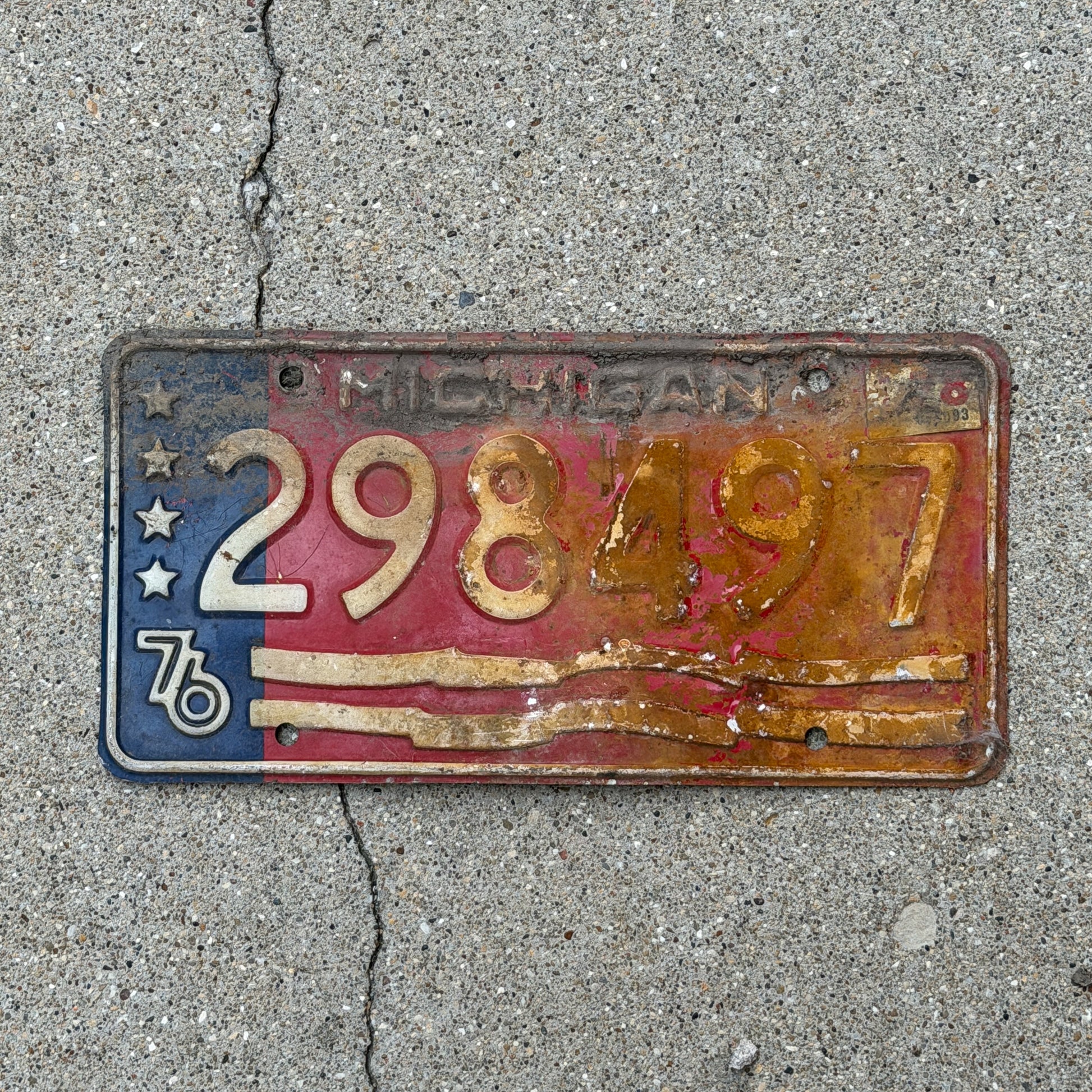 Photo of a 1976 1978 Michigan Trailer License Plate Auto Tag Garage Decor Vintage Bicentennial 298 497 with original patina