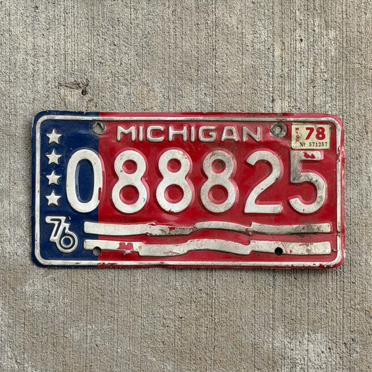 Photo of a 1976 1978 Michigan Trailer License Plate Auto Tag Garage Decor Vintage Bicentennial Repeat Repeating 088 825 with original patina