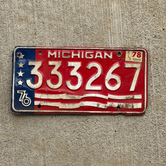 Photo of a 1976 1978 Michigan Trailer License Plate Auto Tag Garage Decor Vintage Repeat Repeating 333 267 with original patina