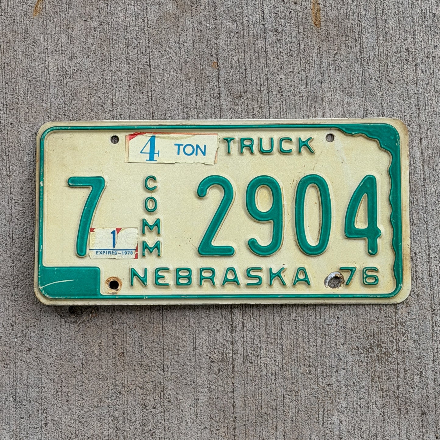 Photo of a 1976 1978 Nebraska Commercial License Plate Auto Tag Garage Decor Vintage 7 2904 with original patina