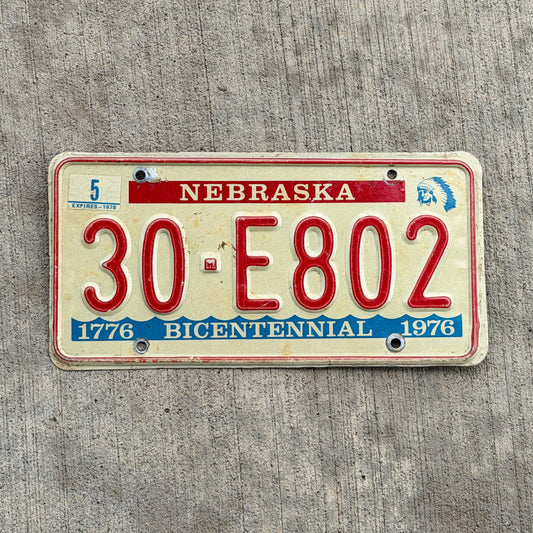 Photo of a 1976 1978 Nebraska License Plate Auto Tag Garage Decor Vintage Bicentennial 30 E802 with original patina