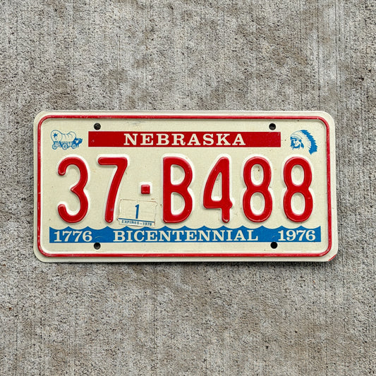 Photo of a 1976 1978 Nebraska License Plate Auto Tag Garage Decor Vintage Bicentennial 37 B488 with original patina