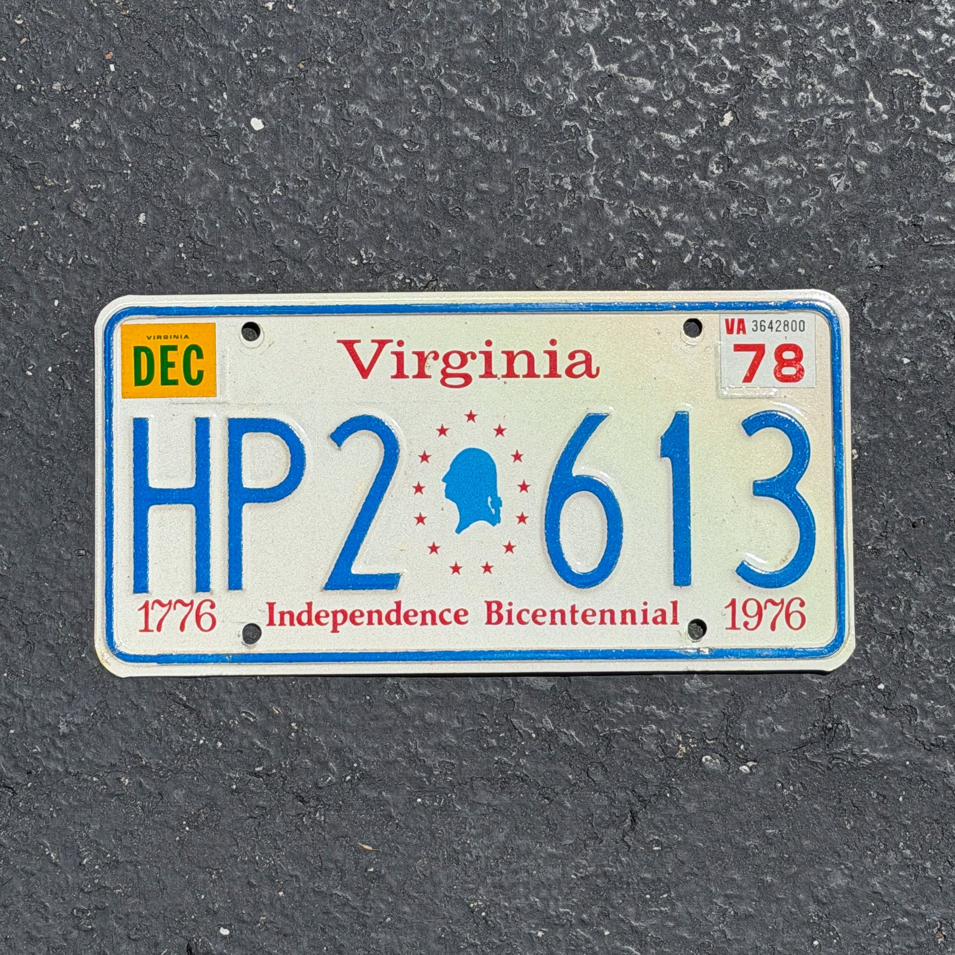 Photo of a 1976 1978 Virginia Handicap License Plate Auto Tag Garage Decor Vintage Bicentennial HP 2 613 with original patina