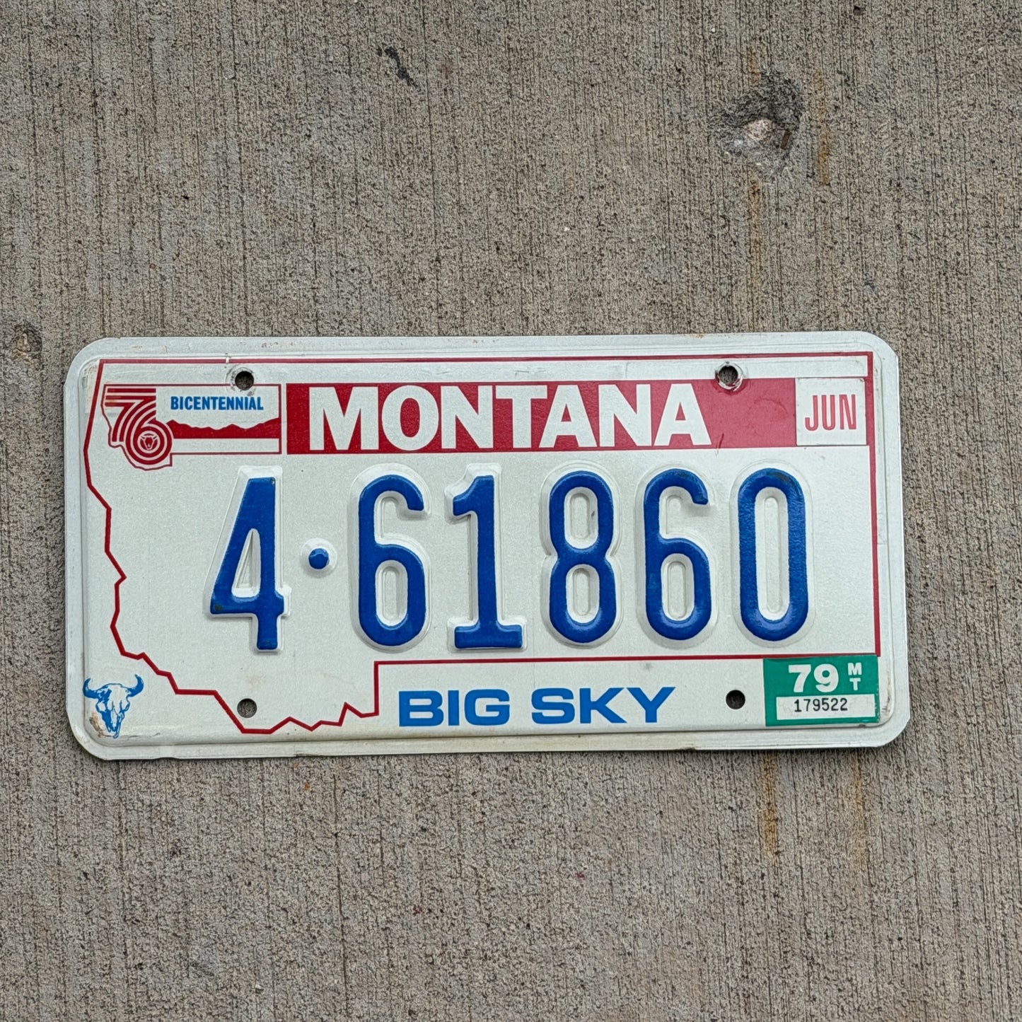 Photo of a 1976 1979 Montana License Plate Auto Tag Garage Decor Vintage Bicentennial 4 61860 with original patina