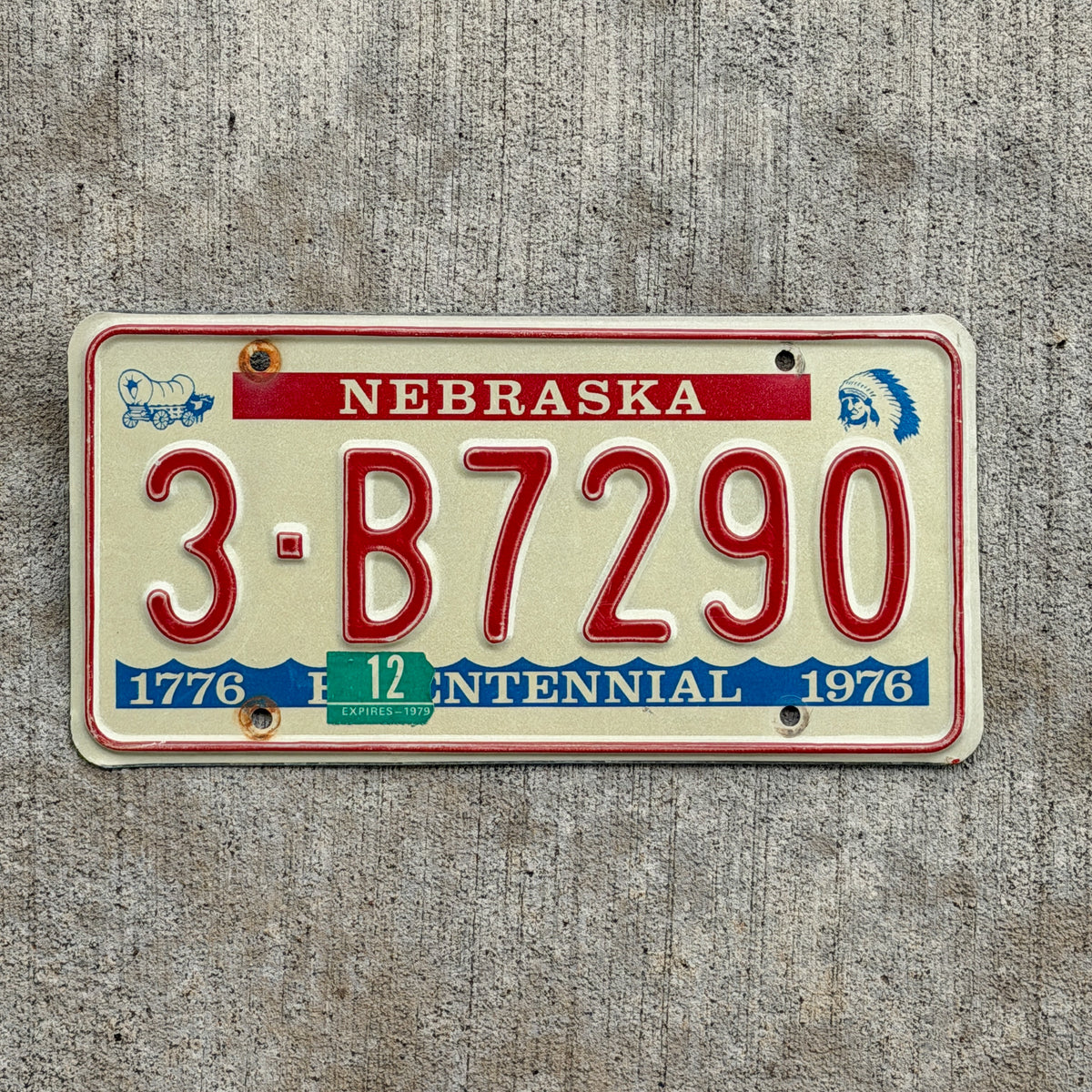 Photo of a 1976 1979 Nebraska License Plate Auto Tag Garage Decor Vintage Bicentennial 3 B7290 with original patina