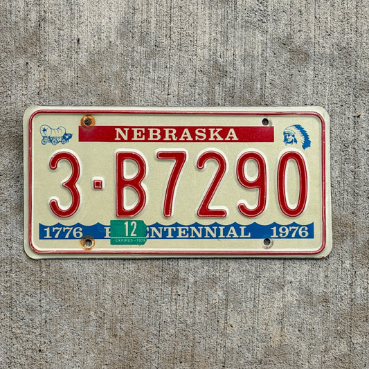 Photo of a 1976 1979 Nebraska License Plate Auto Tag Garage Decor Vintage Bicentennial 3 B7290 with original patina