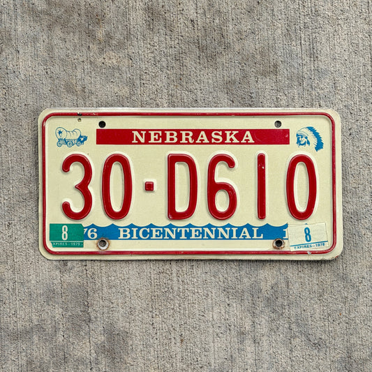 Photo of a 1976 1979 Nebraska License Plate Auto Tag Garage Decor Vintage Bicentennial 30 D610 with original patina