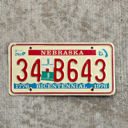 Photo of a 1976 1979 Nebraska License Plate Auto Tag Garage Decor Vintage Bicentennial 34 B643 with original patina