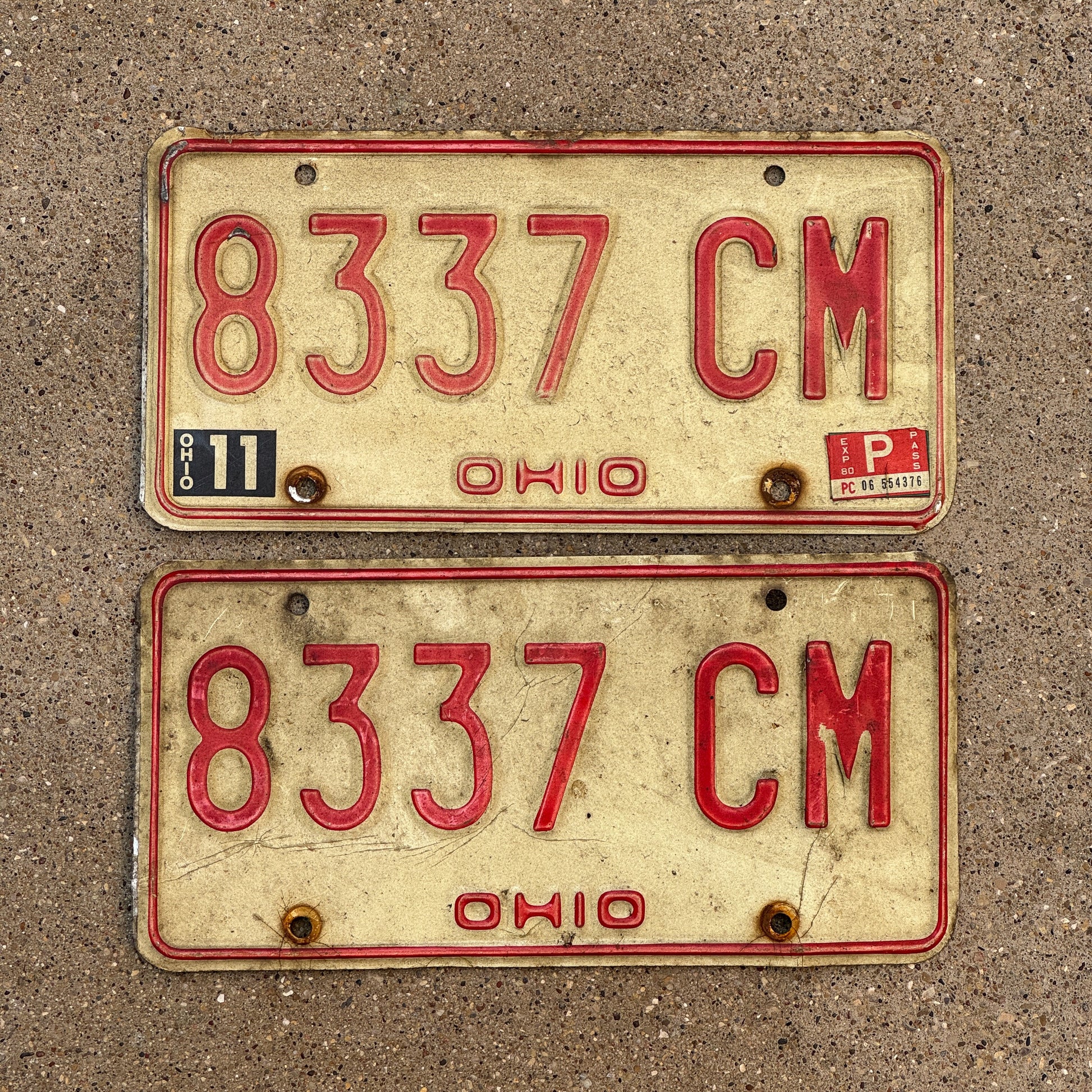 Photo of a 1976 1979 Ohio License Plate Pair Auto Tag Garage Decor Vintage 8337 CM with original patina