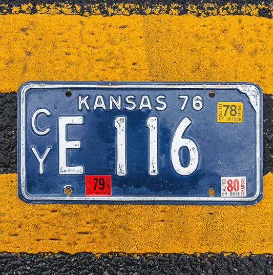 Photo of a 1976 1980 Kansas License Plate Auto Tag Garage Decor Vintage CY E 116 with original patina