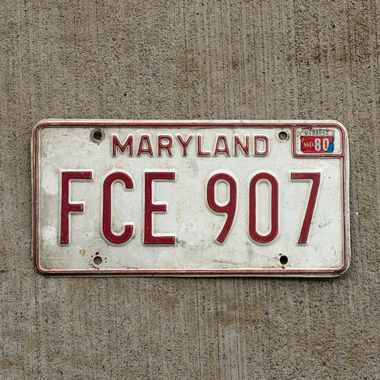Photo of a 1976 1980 Maryland License Plate Auto Tag Garage Decor Vintage FCE 907 with original patina