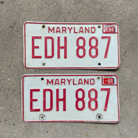 Photo of a 1976 1980 Maryland License Plate Pair Auto Tag Garage Decor Vintage EDH 887 with original patina
