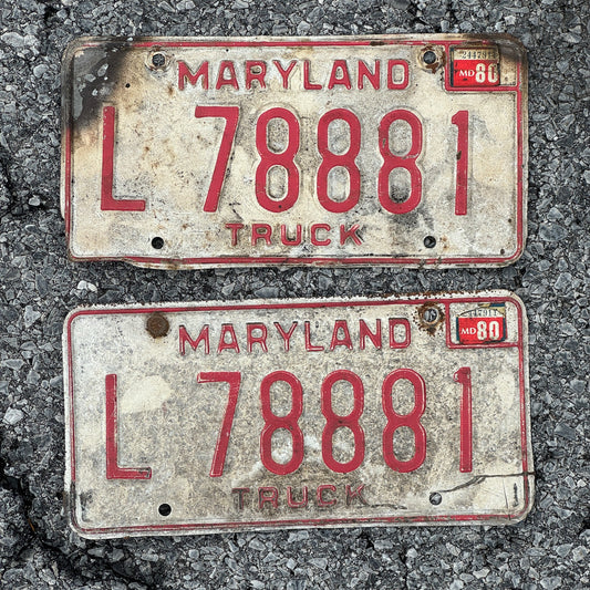 Photo of a 1976 1980 Maryland Truck License Plate Pair Auto Tag Garage Decor Vintage 888 Repeat Repeating L78881