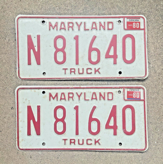 Photo of a 1976 1980 Maryland Truck License Plate Pair Auto Tag Garage Decor Vintage N 81640 with original patina
