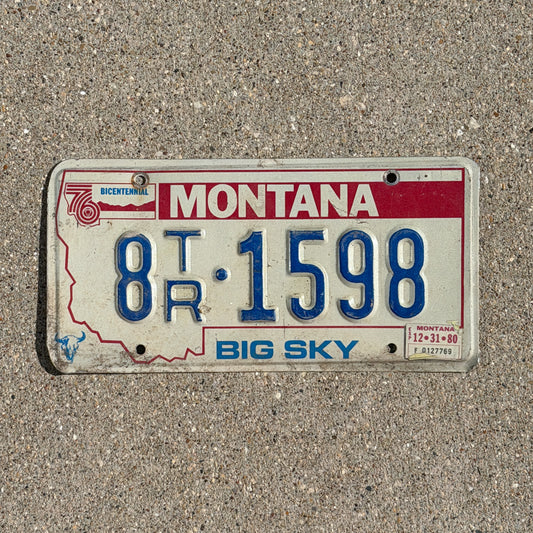 Photo of a 1976 1980 Montana Trailer License Plate Auto Tag Garage Decor Vintage Bicentennial 8 TR 1598 with original patina
