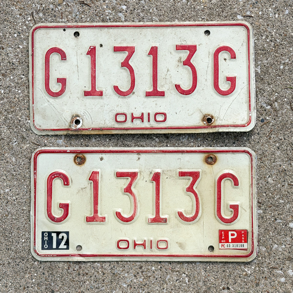 Photo of a 1976 1980 Ohio License Plate Pair Auto Tag Garage Decor Vintage Lucky 13 G 1313 G with original patina