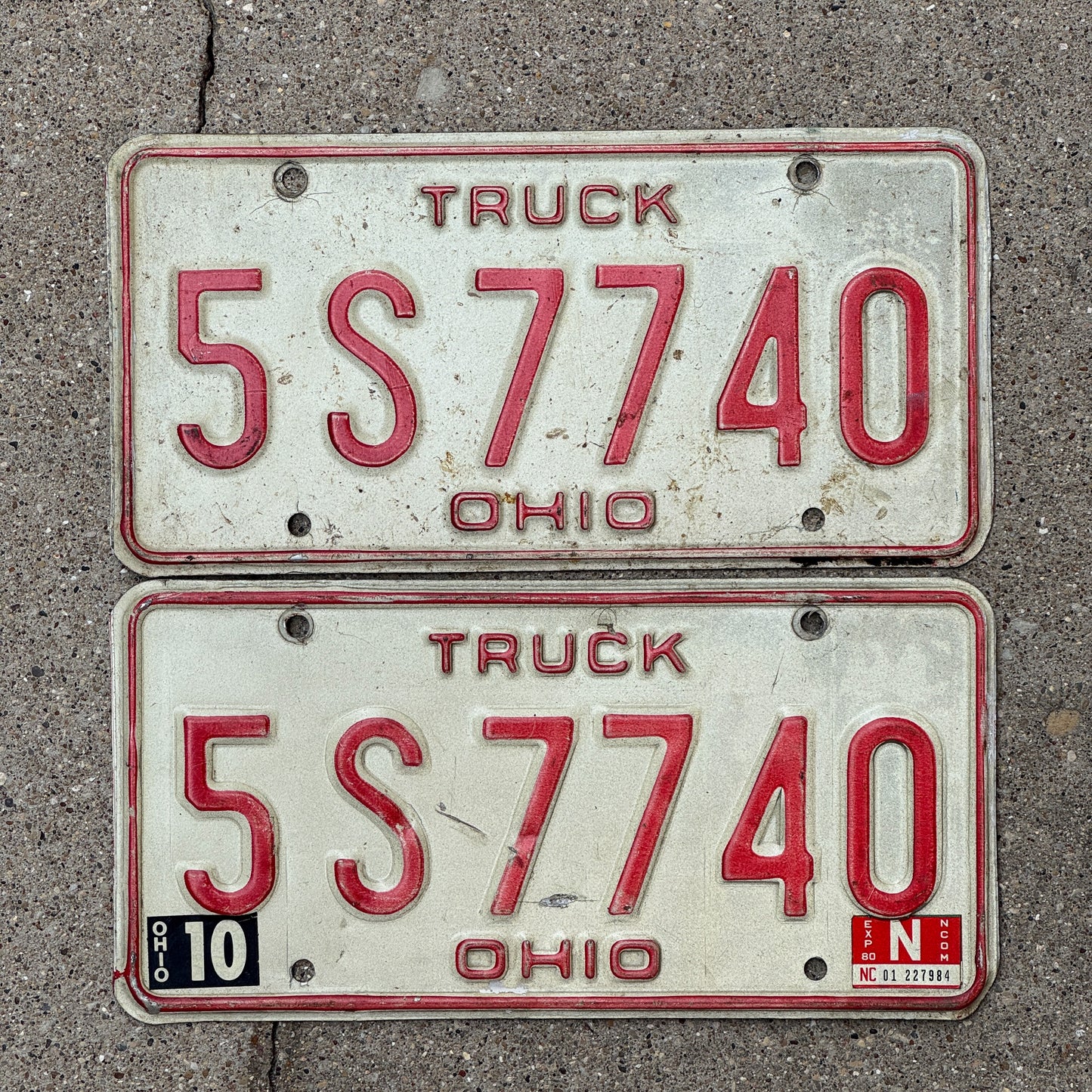 Photo of a 1976 1980 Ohio Truck License Plate Pair Auto Tag Garage Decor Vintage 5 S 7740 with original patina