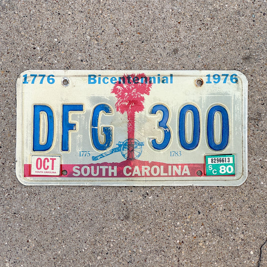 Photo of a 1976 1980 South Carolina License Plate Auto Tag Garage Decor Vintage Bicentennial DFG 300 with original patina