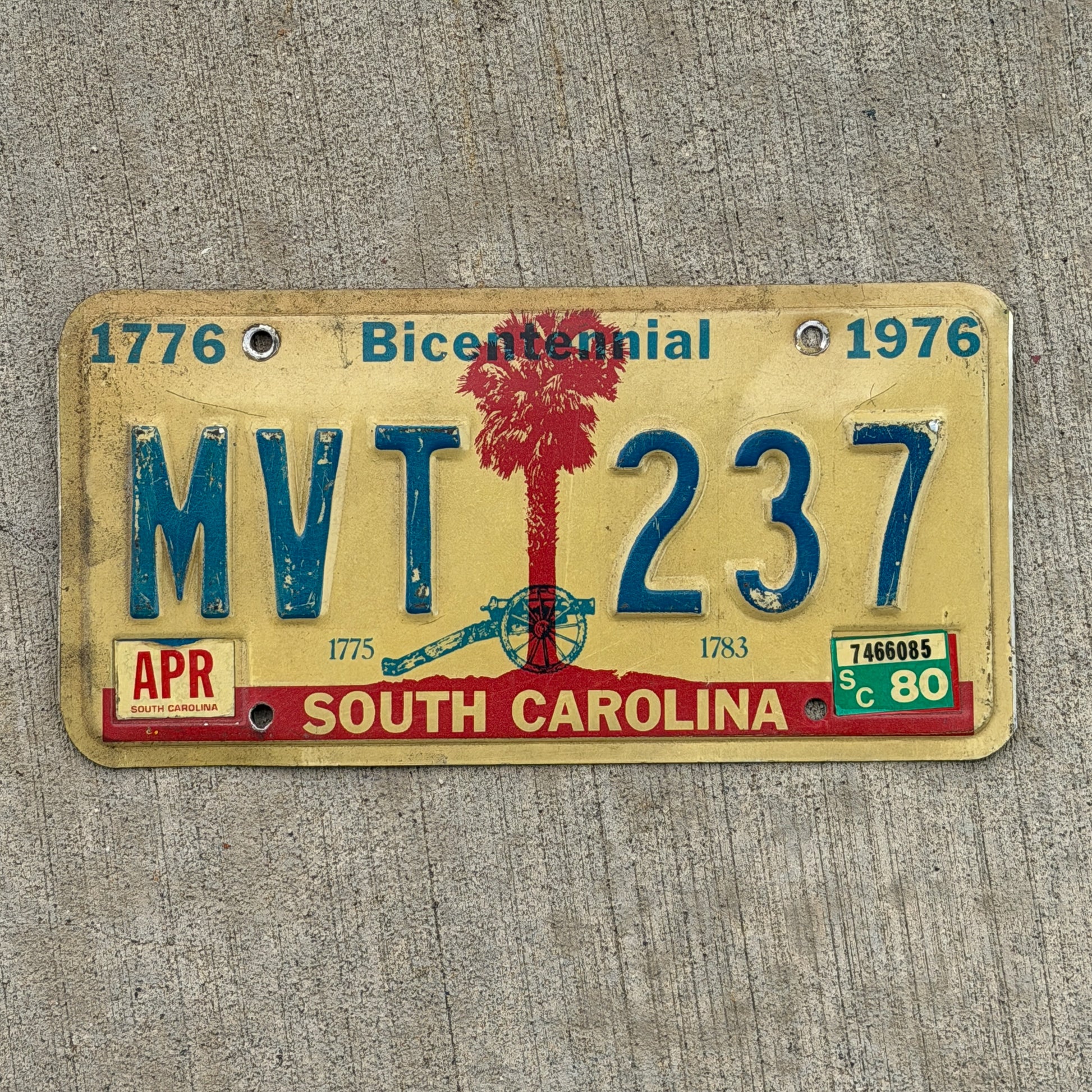Photo of a 1976 1980 South Carolina License Plate Auto Tag Garage Decor Vintage Bicentennial MVT 237 with original patina