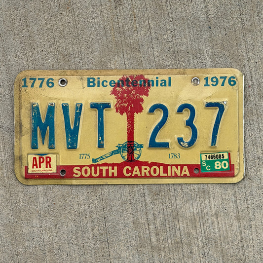 Photo of a 1976 1980 South Carolina License Plate Auto Tag Garage Decor Vintage Bicentennial MVT 237 with original patina