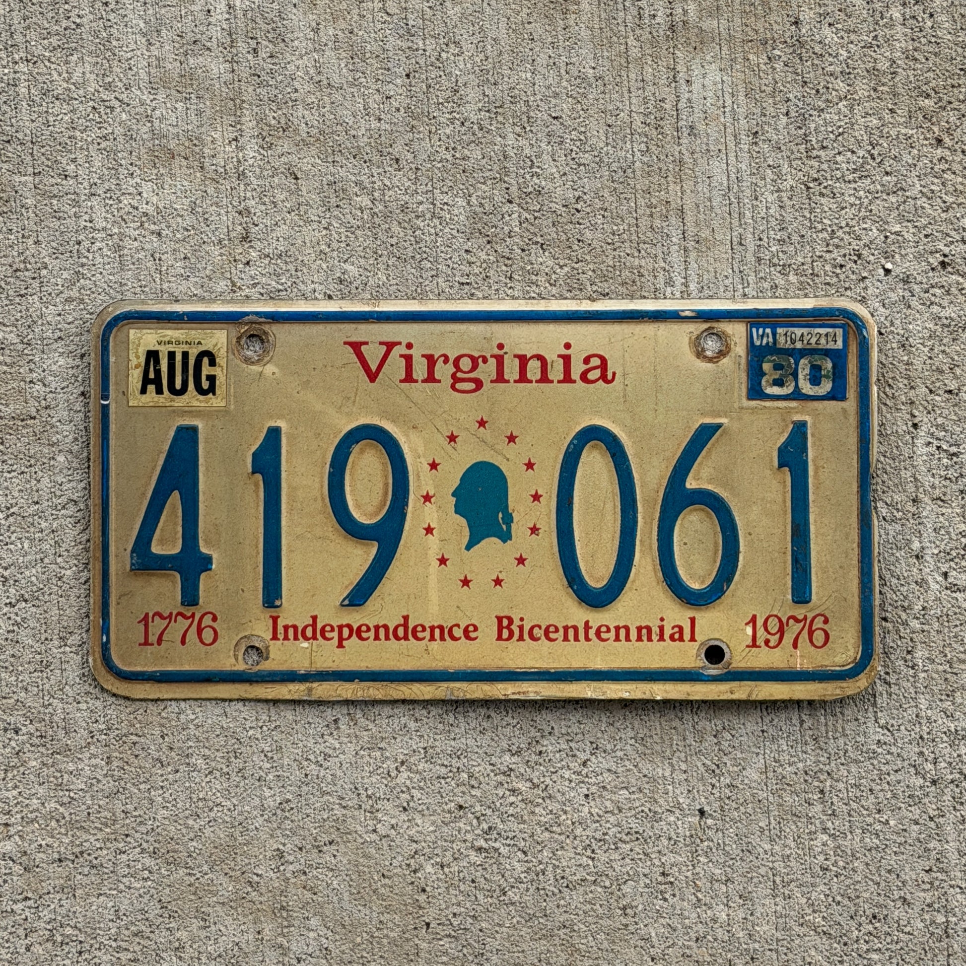 Photo of a 1976 1980 Virginia License Plate Auto Tag Garage Decor Vintage Bicentennial 419 061 with original patina