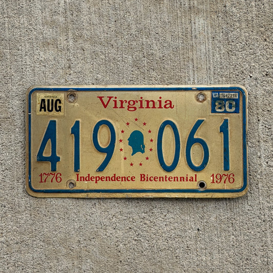 Photo of a 1976 1980 Virginia License Plate Auto Tag Garage Decor Vintage Bicentennial 419 061 with original patina