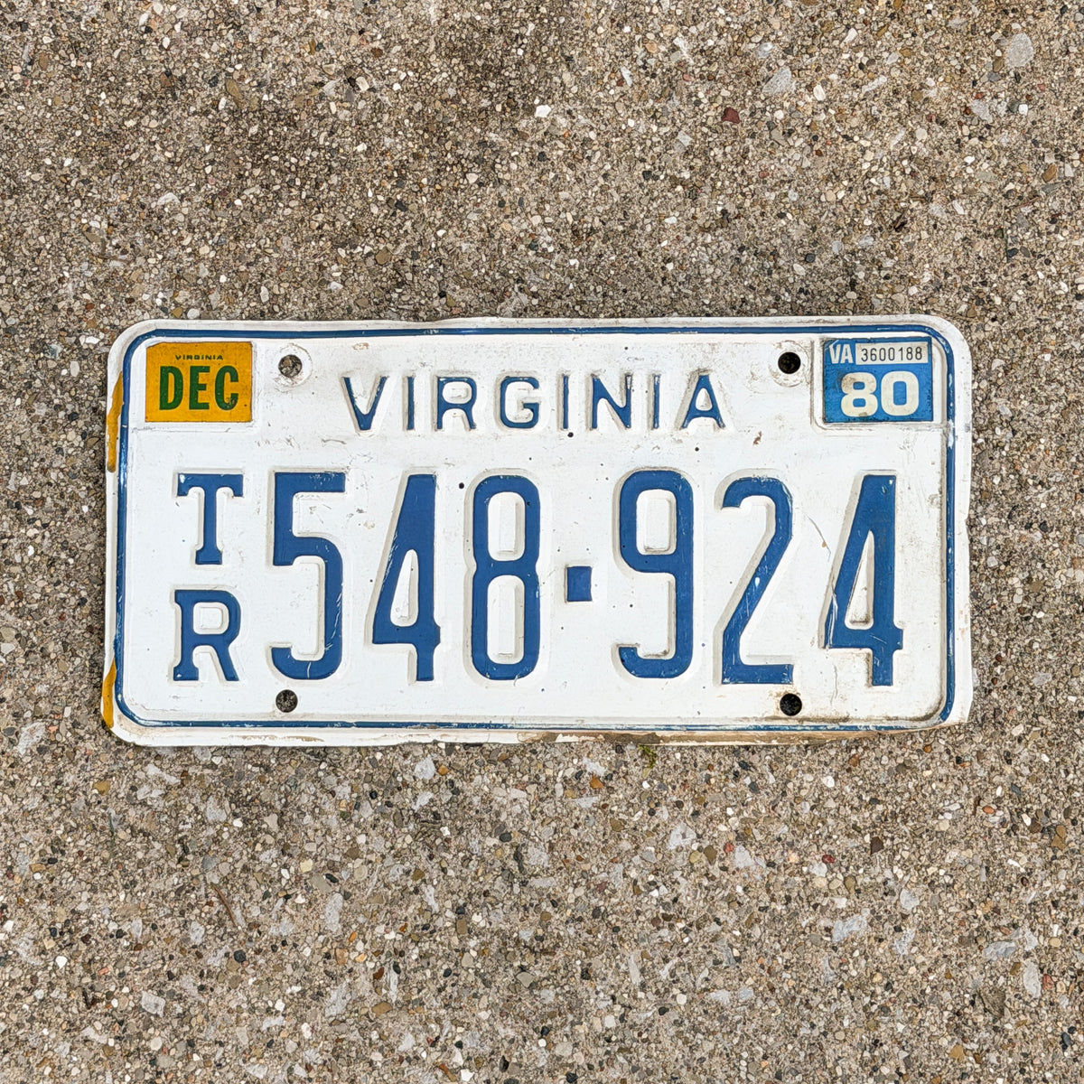 Photo of a 1976 1980 Virginia Trailer License Plate Auto Tag Garage Decor Vintage 548 924 with original patina