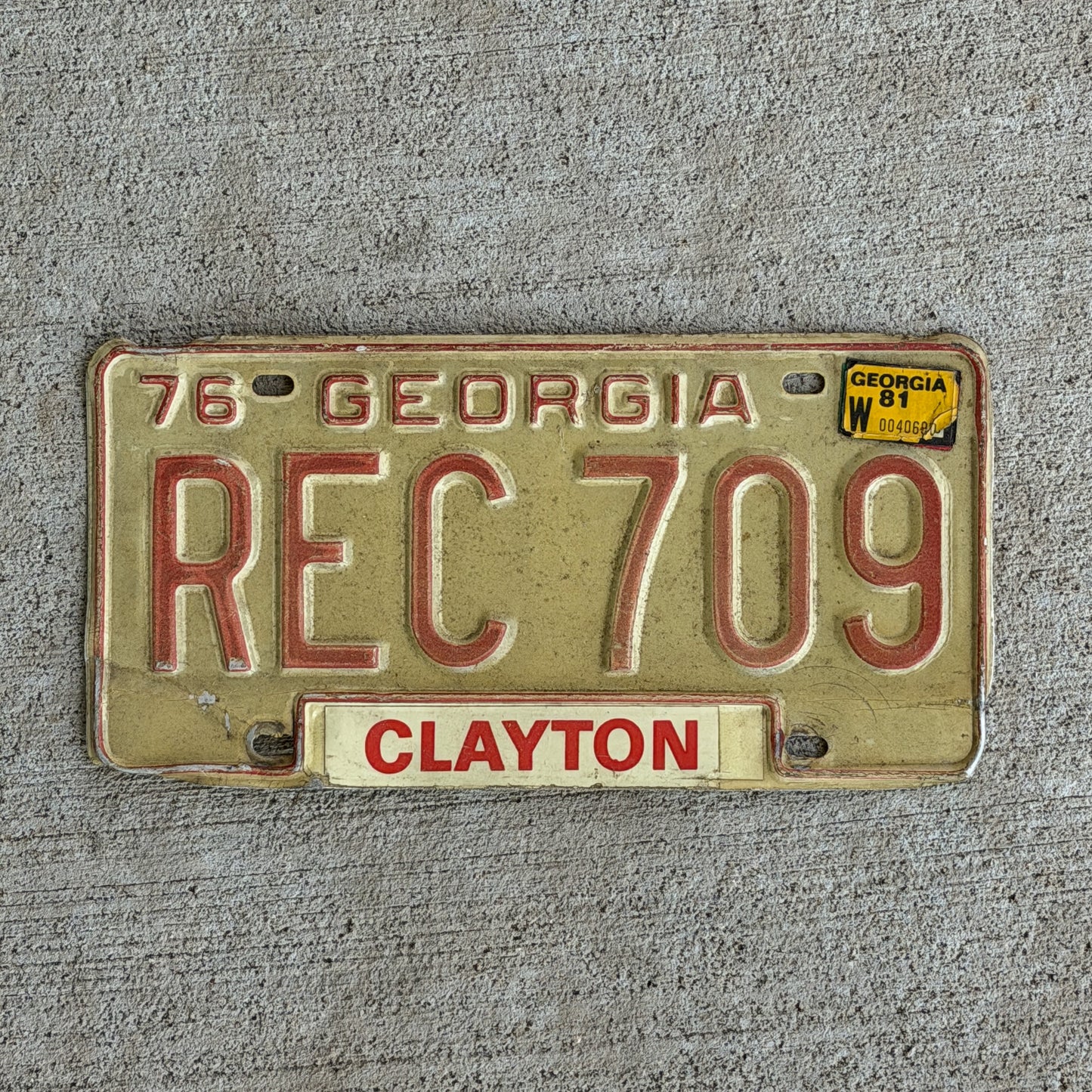 Photo of a 1976 1981 Georgia License Plate Auto Tag Garage Decor Vintage REC 709 with original patina