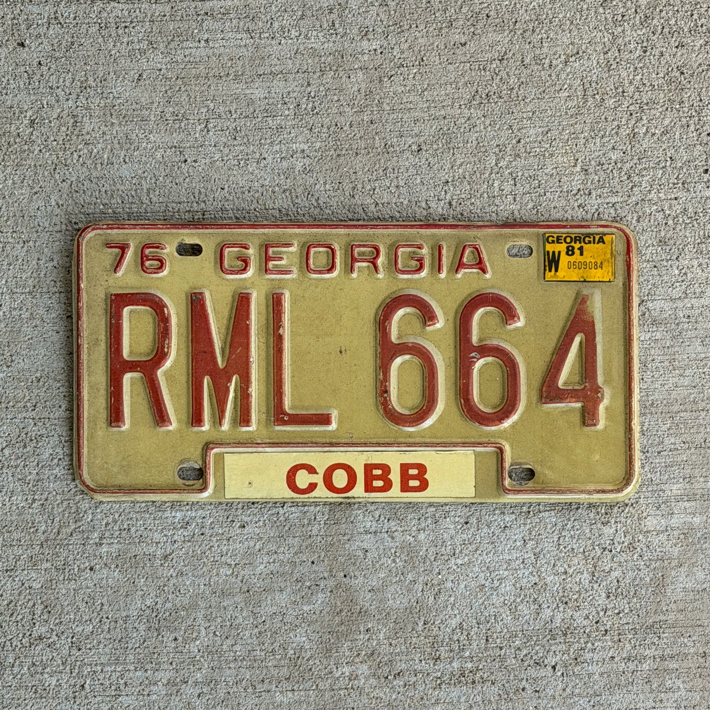 Photo of a 1976 1981 Georgia License Plate Auto Tag Garage Decor Vintage RML 664 with original patina