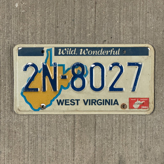 Photo of a 1976 1981 West Virginia License Plate Auto Tag Garage Decor Vintage 2N 8027 with original patina