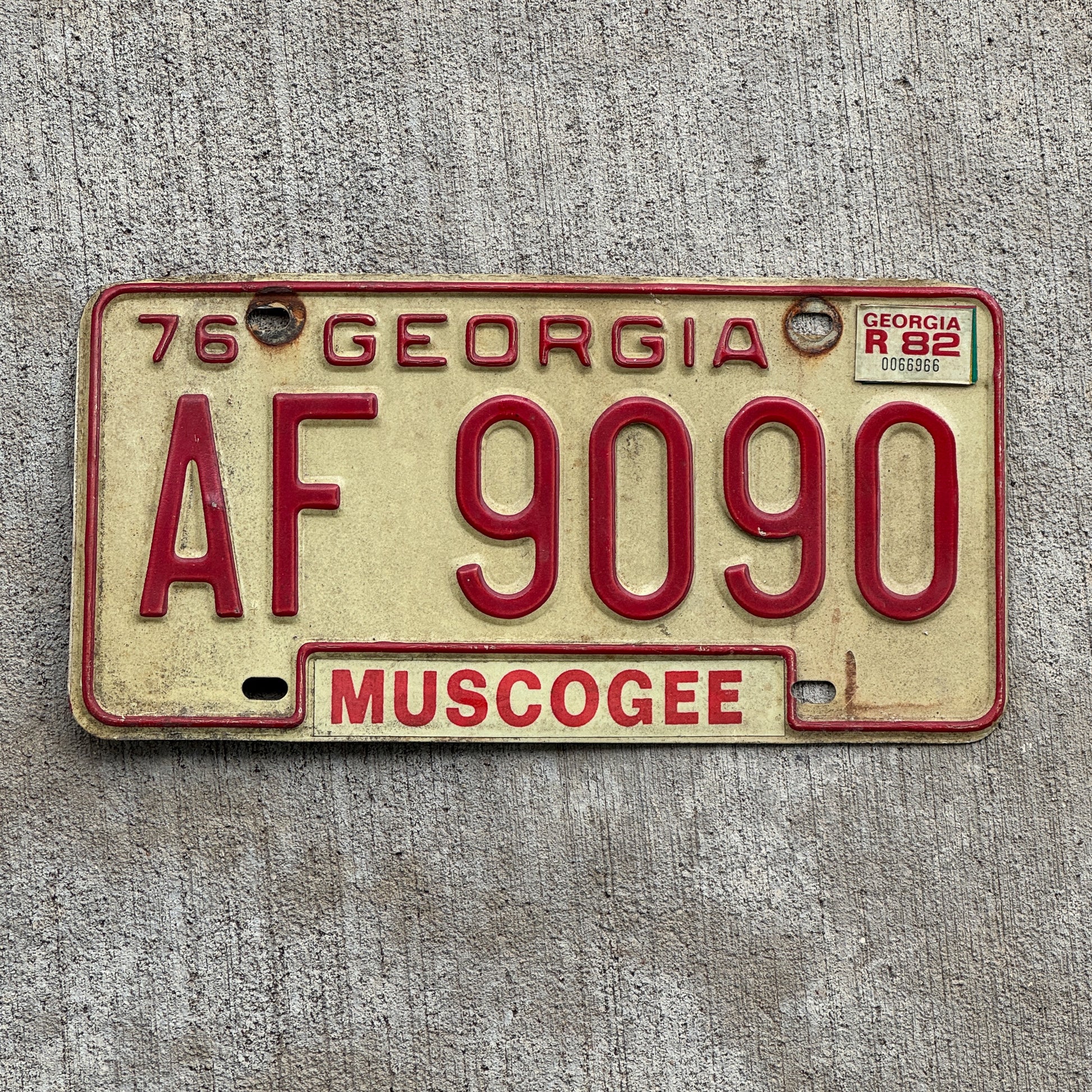 Photo of a 1976 1982 Georgia License Plate Auto Tag Garage Decor Vintage AF 9090 with original patina