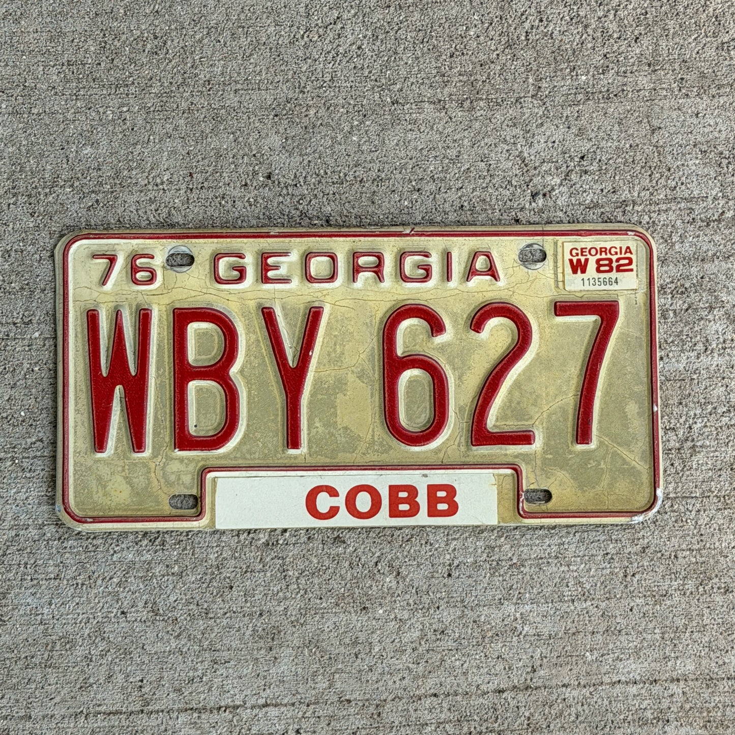 Photo of a 1976 1982 Georgia License Plate Auto Tag Garage Decor Vintage WBY 627 with original patina