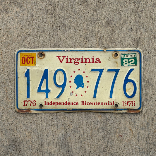Photo of a 1976 1982 Virginia License Plate Auto Tag 1 Vintage Garage Bicentennial 149 776 with original patina