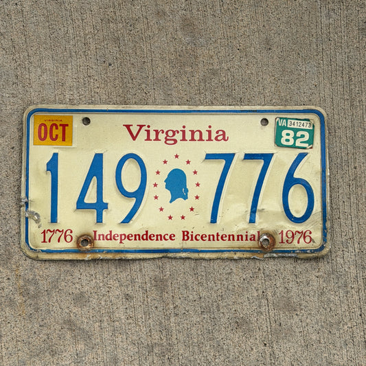 Photo of a 1976 1982 Virginia License Plate Auto Tag 2 Vintage Garage Bicentennial 149 776 with original patina