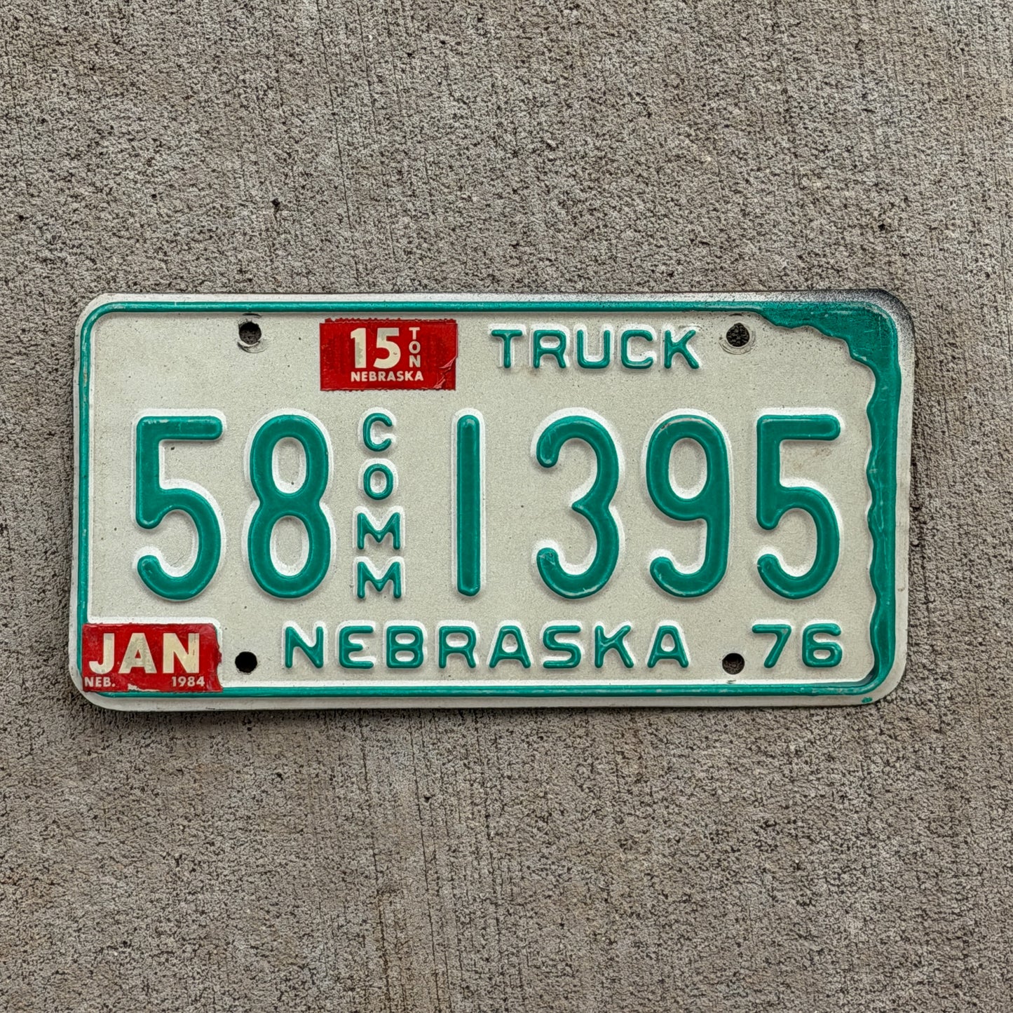 Photo of a 1976 1984 Nebraska Commercial License Plate Auto Tag Garage Decor Vintage 58 1395 with original patina