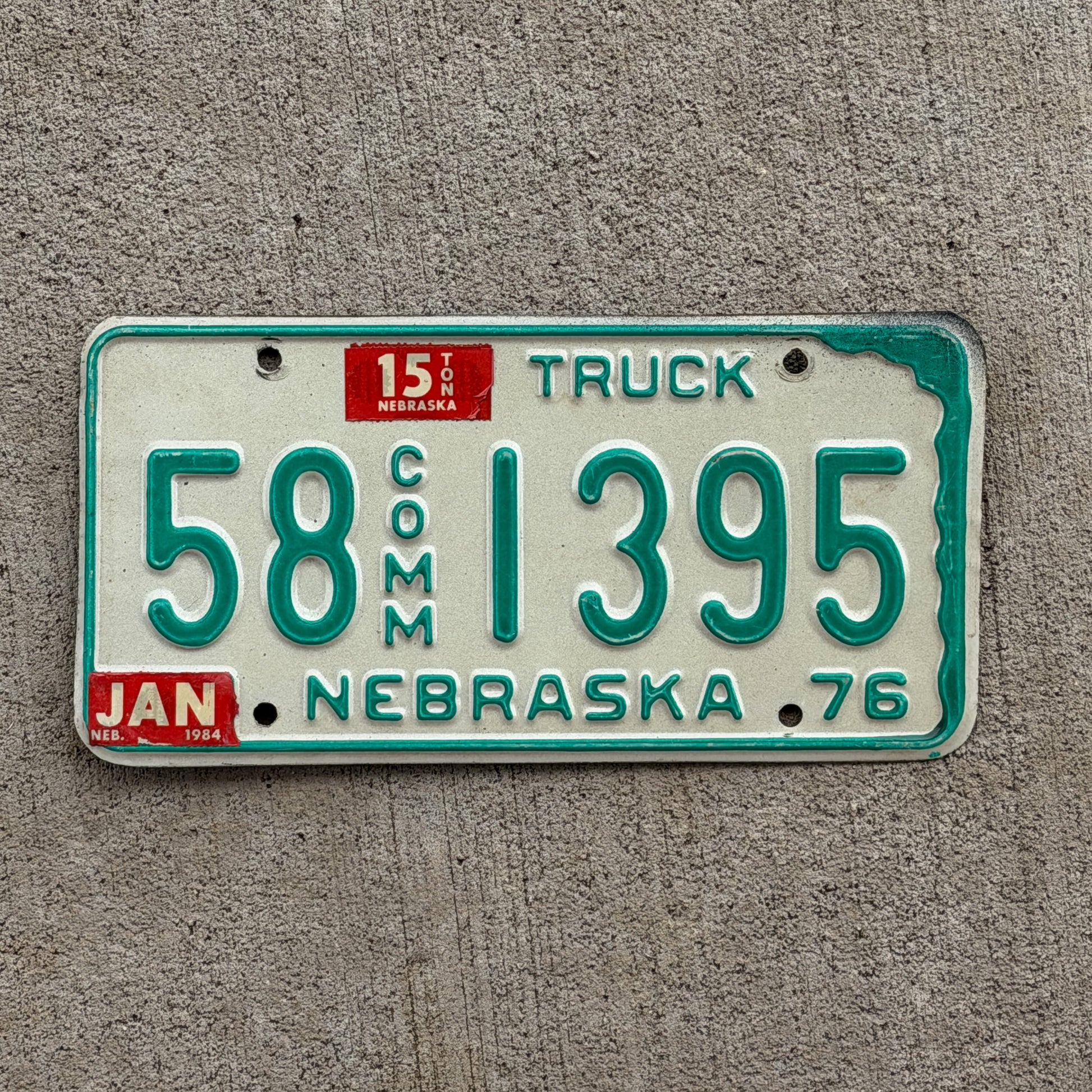 Photo of a 1976 1984 Nebraska Commercial License Plate Auto Tag Garage Decor Vintage 58 1395 with original patina