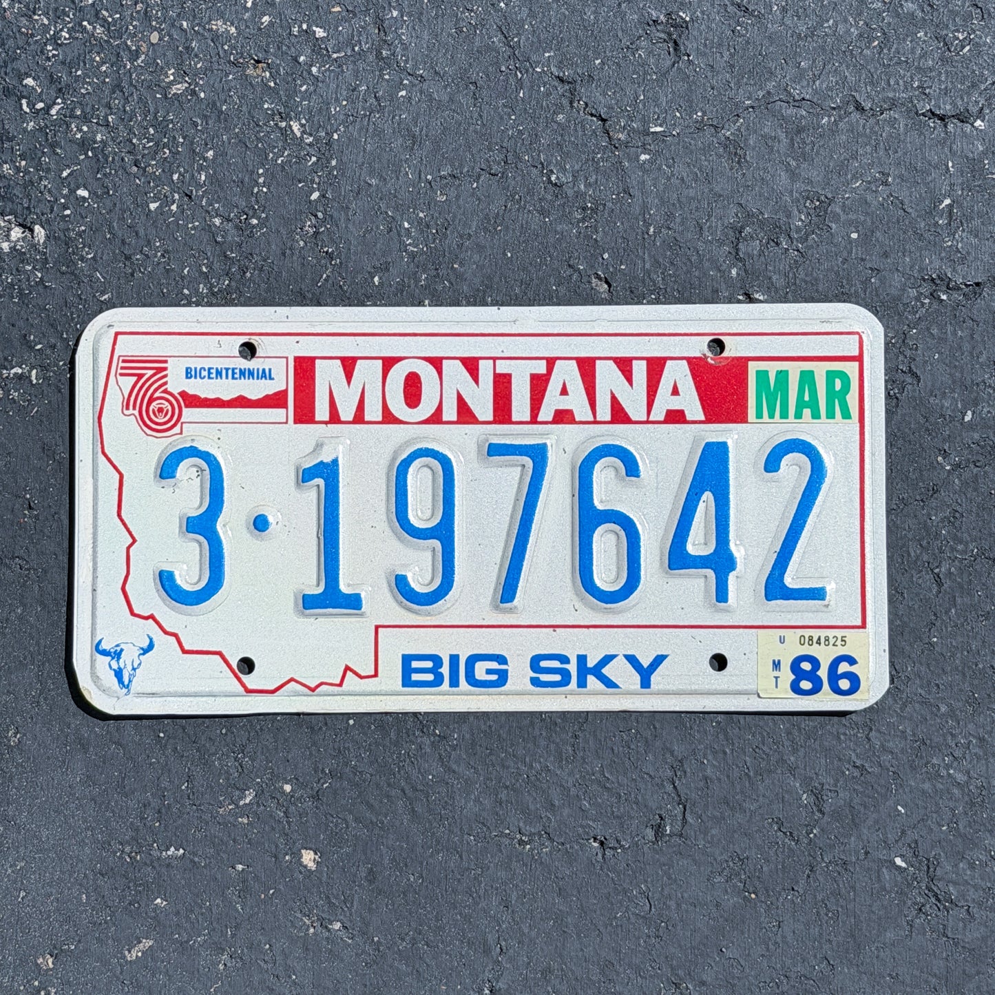 Photo of a 1976 1986 Montana License Plate Auto Tag 1 Vintage Garage Bicentennial 3 197642 with original patina