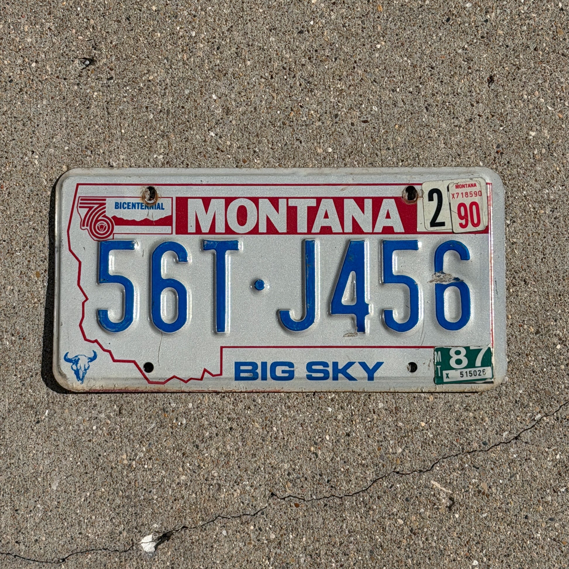 Photo of a 1976 1990 Montana Truck License Plate Auto Tag Garage Decor Vintage Bicentennial 56 TJ 456 with original patina