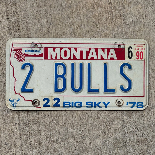 Photo of a 1976 1990 Montana Vanity License Plate Auto Tag Garage Decor Vintage 2 BULLS with original patina