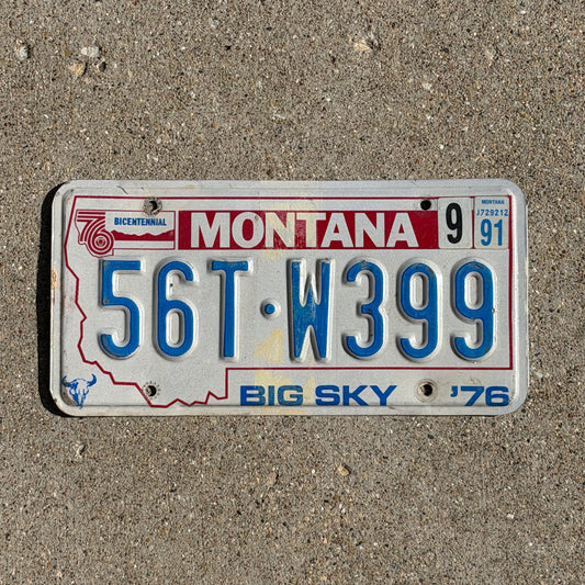 Photo of a 1976 1991 Montana Truck License Plate Auto Tag Garage Decor Vintage Bicentennial 56 TW 399 with original patina