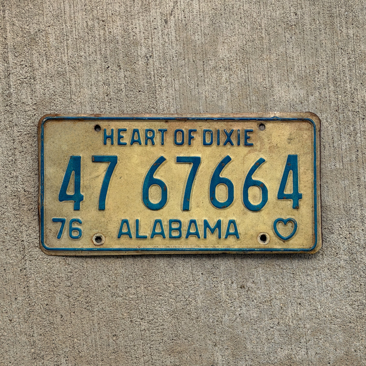 Photo of a 1976 Alabama License Plate Auto Tag Garage Decor Vintage 47 67664 with original patina